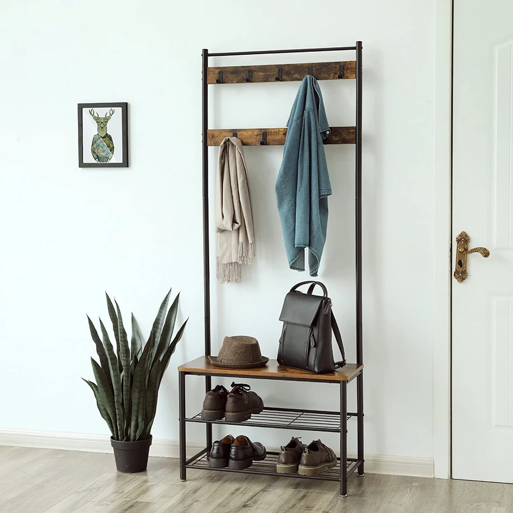 Leobert Pastatoma drabužių kabykla su sėdyne ir 2 batų lentynomis, ruda ir juoda, 70 x 32 x 175 cm