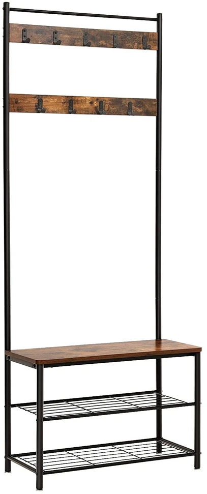 Leobert Pastatoma drabužių kabykla su sėdyne ir 2 batų lentynomis, ruda ir juoda, 70 x 32 x 175 cm