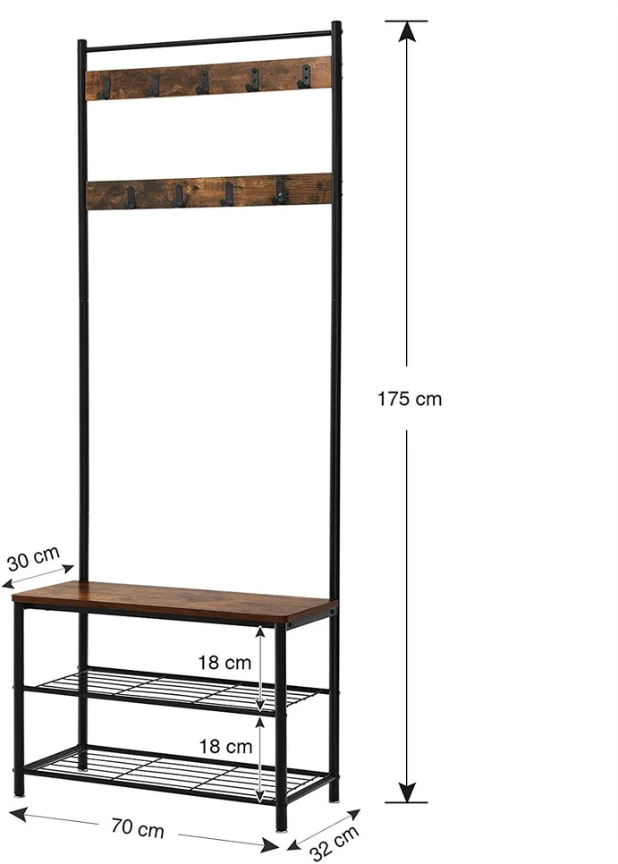 Leobert Pastatoma drabužių kabykla su sėdyne ir 2 batų lentynomis, ruda ir juoda, 70 x 32 x 175 cm