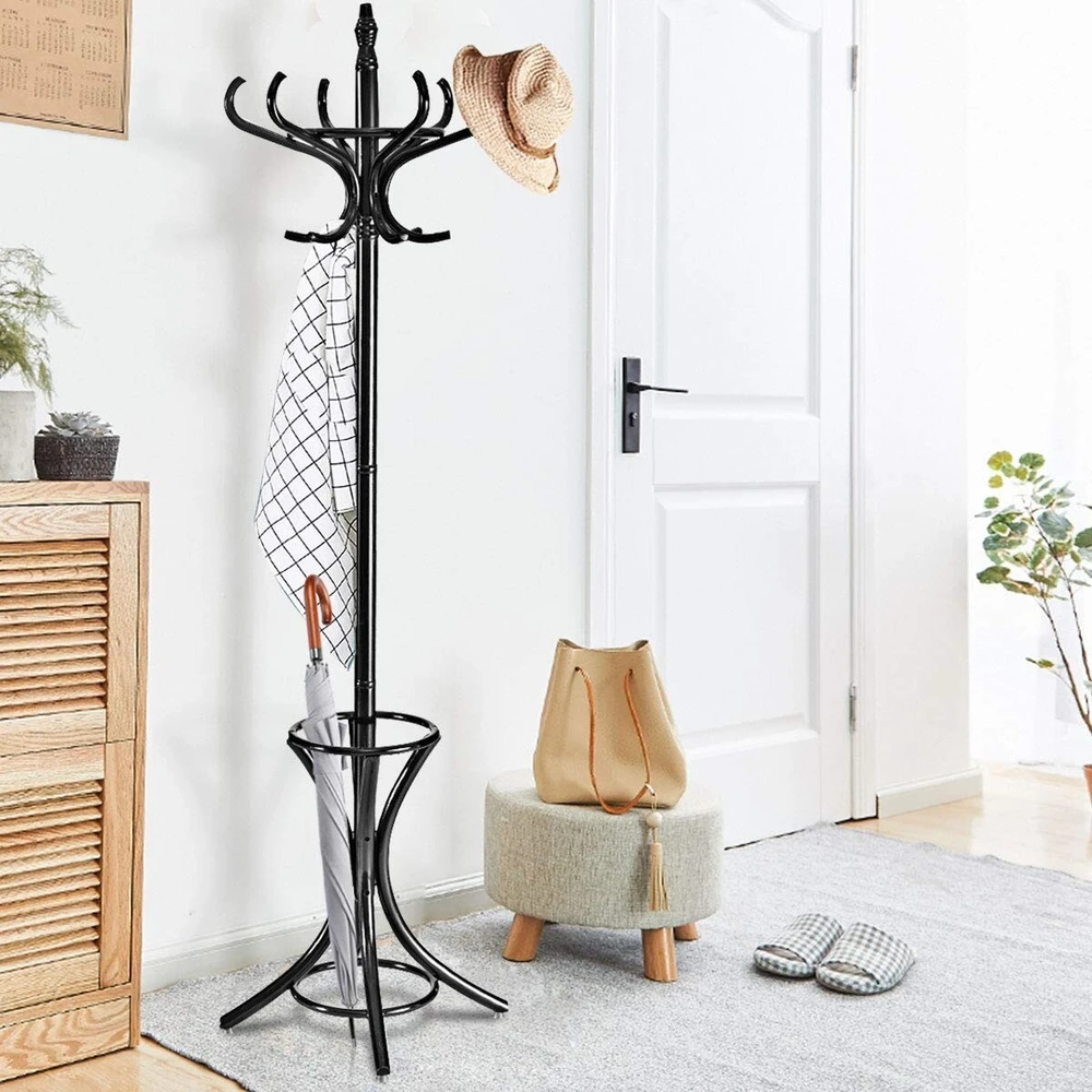 Pastatoma drabužių kabykla su skėčių stovu, juoda, 71,1 × 71,1 × 185,4 cm