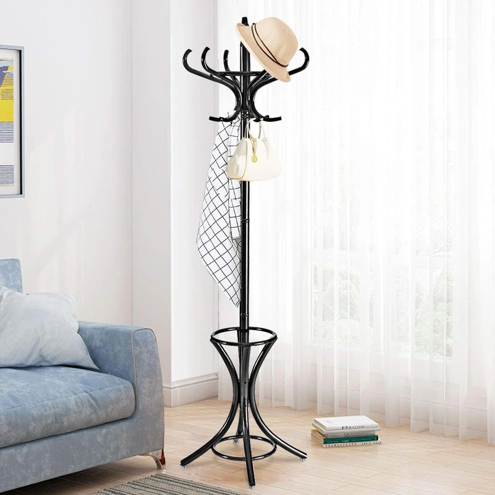 Pastatoma drabužių kabykla su skėčių stovu, juoda, 71,1 × 71,1 × 185,4 cm