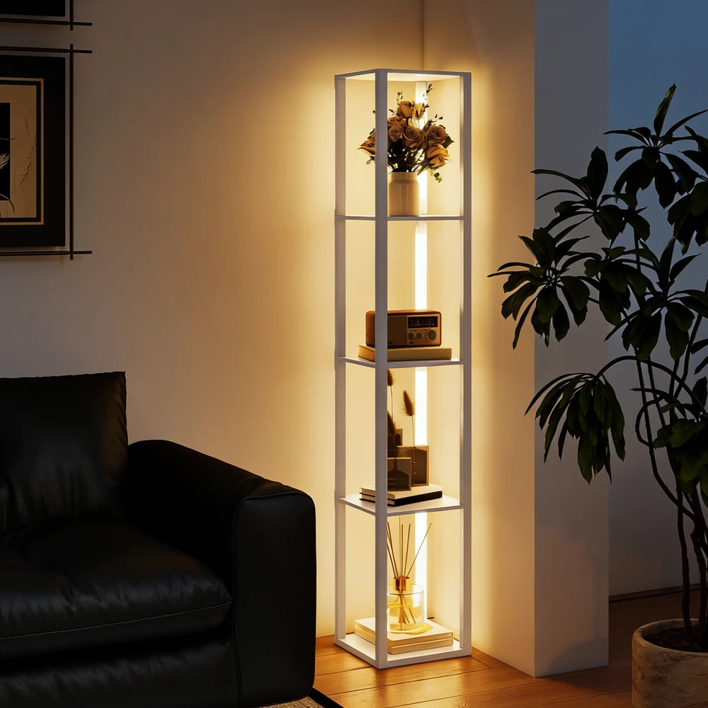 Pastatomas LED šviestuvas su 4 lentynomis, baltas, 29 × 29 × 163 cm