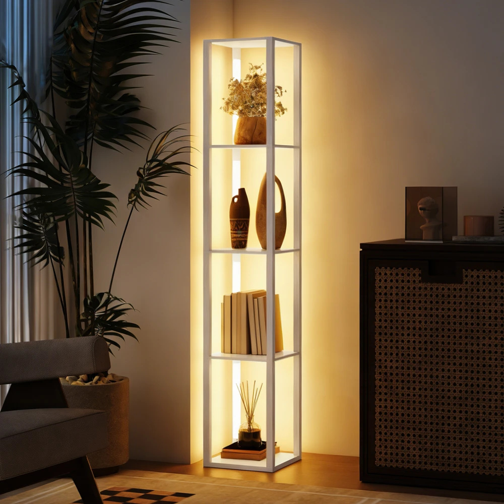 Pastatomas LED šviestuvas su 4 lentynomis, baltas, 29 × 29 × 163 cm