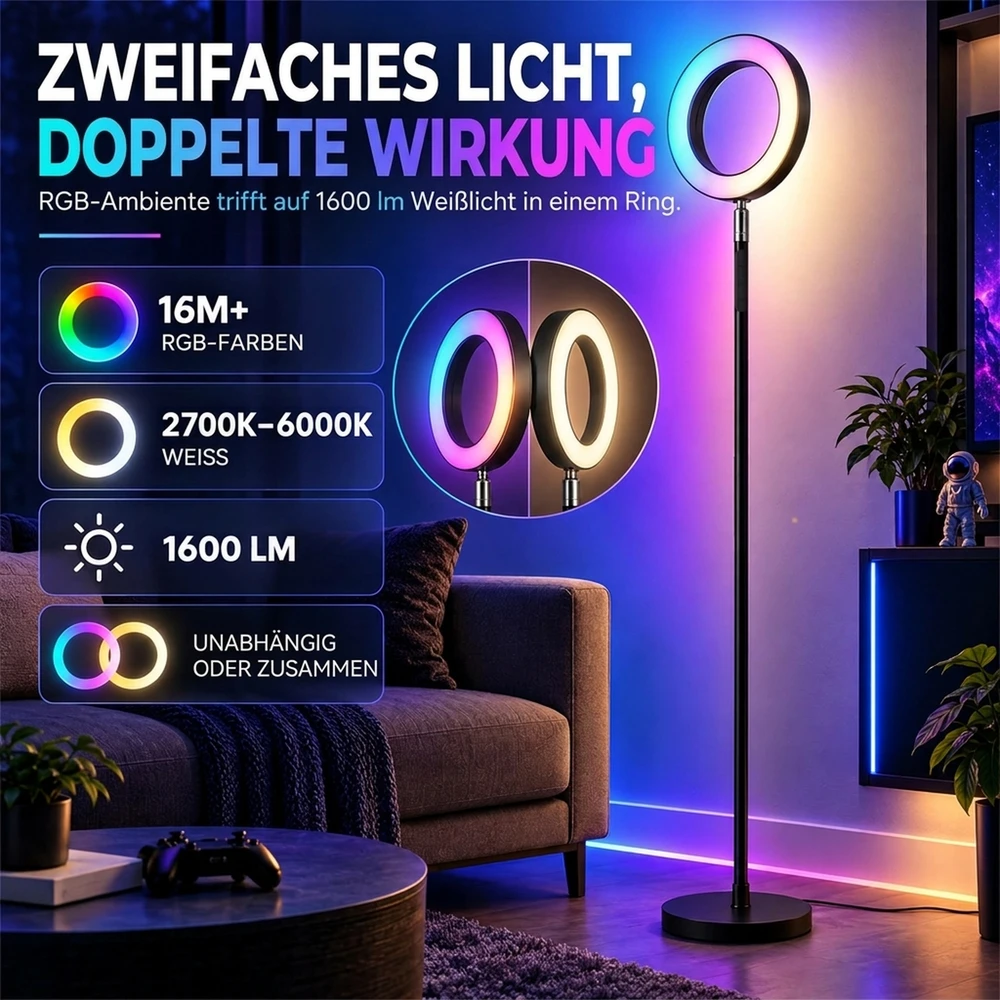 Pastatomas LED šviestuvas su RGB ir reguliuojama balta šviesa, juodas/baltas, 25 × 25 × 172 cm