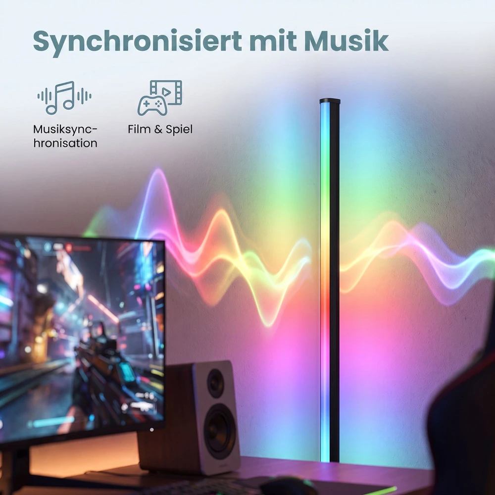 Pastatomas RGB LED šviestuvas su programėlės valdymu ir muzikos sinchronizavimu, juodas, 18 x 18 x 139,4 cm