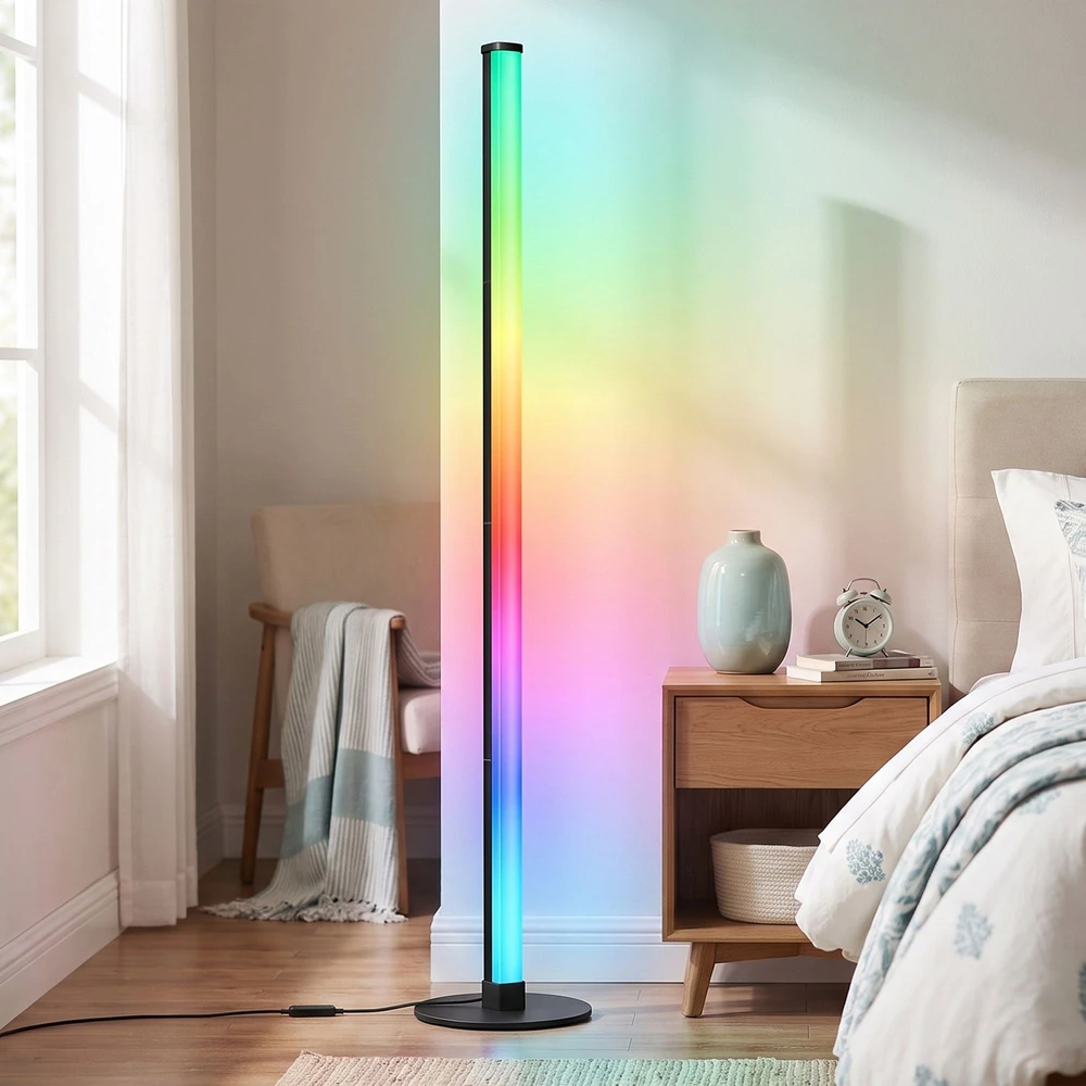 Pastatomas RGB LED šviestuvas su programėlės valdymu ir muzikos sinchronizavimu, juodas, 18 x 18 x 139,4 cm
