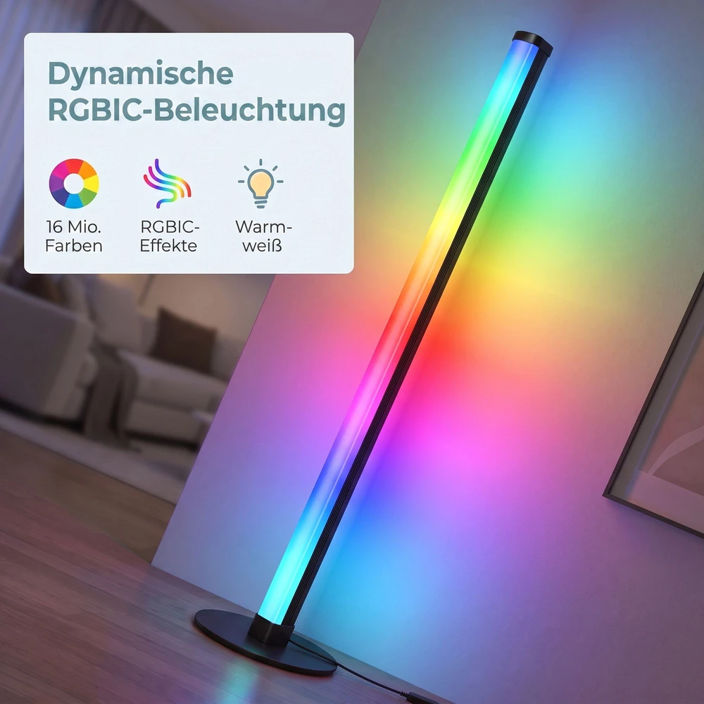 Pastatomas RGB LED šviestuvas su programėlės valdymu ir muzikos sinchronizavimu, juodas, 18 x 18 x 139,4 cm