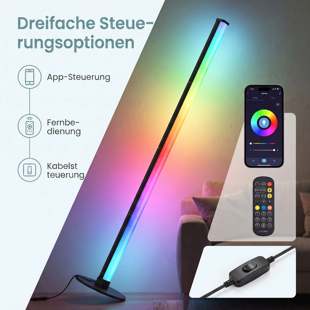 Pastatomas RGB LED šviestuvas su programėlės valdymu ir muzikos sinchronizavimu, juodas, 18 x 18 x 139,4 cm