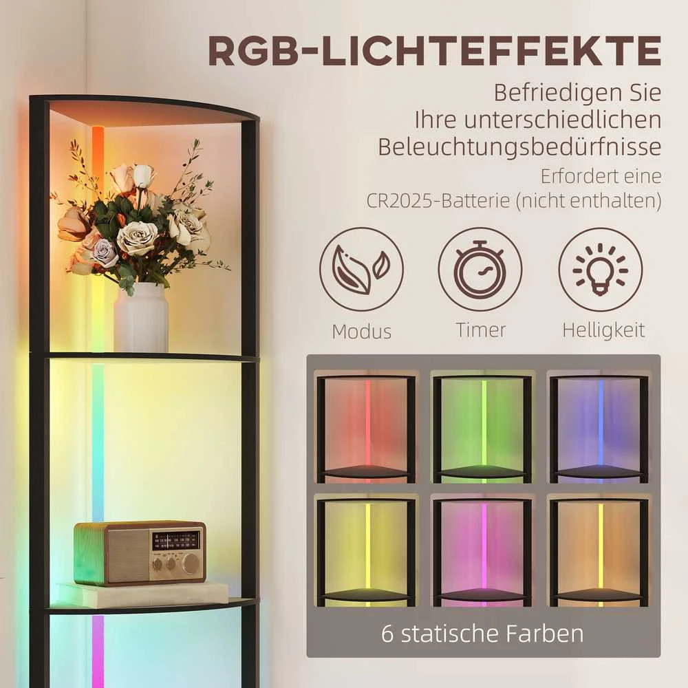HOMCOM LED pastatomas šviestuvas, 5 lygių reguliuojamo ryškumo toršeras su lentynomis, RGB spalvų keitimas, nuotolinio valdymo pultas