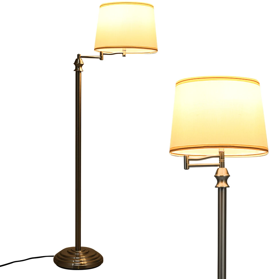 Pastatomas šviestuvas su reguliuojama svirtimi ir medžiaginiu gaubtu, satininio nikelio ir smėlio spalvos, Ø 35,5 x 152 cm