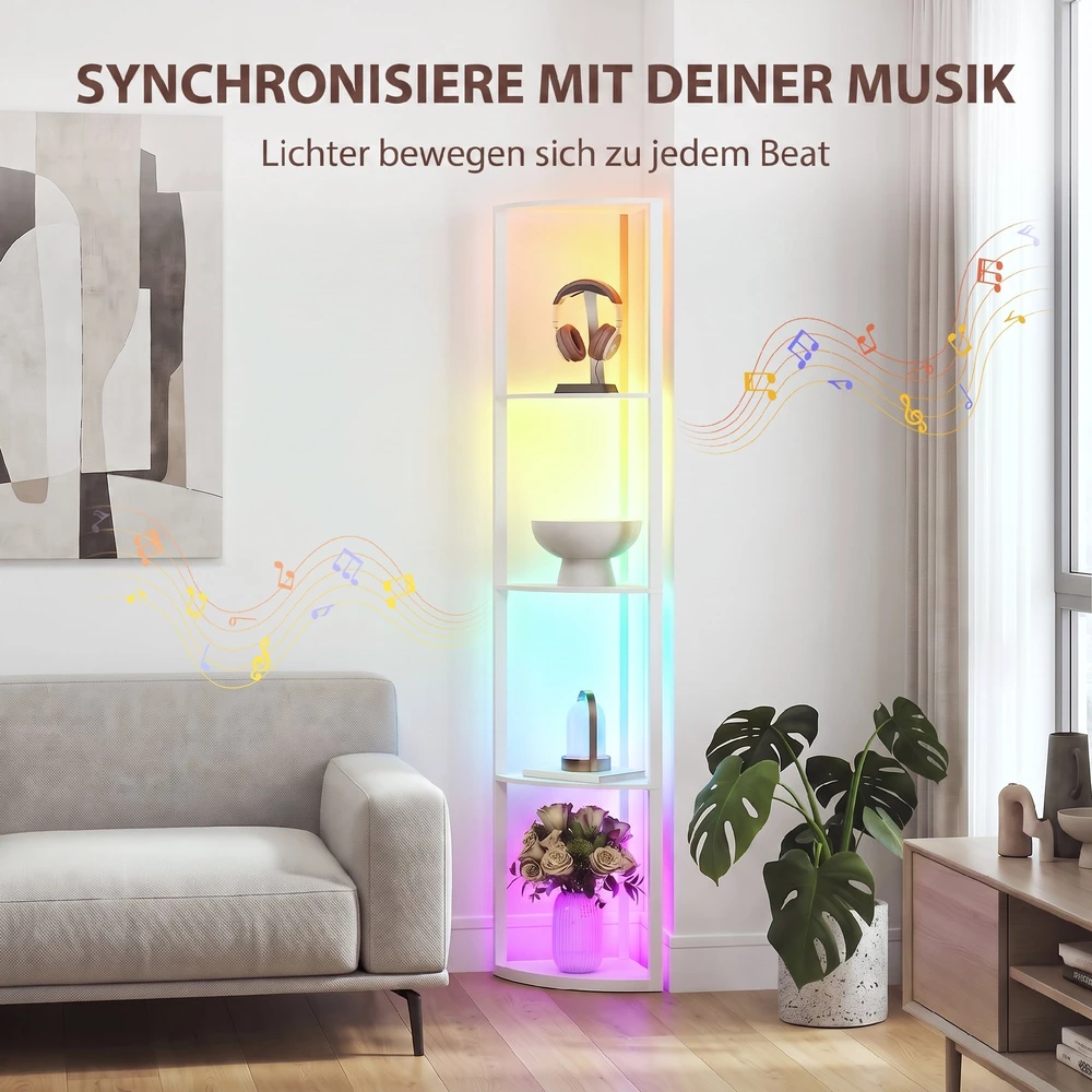 Pastatomas šviestuvas su RGB LED apšvietimu ir 5 lentynomis, baltas, 42 × 29,5 × 163 cm