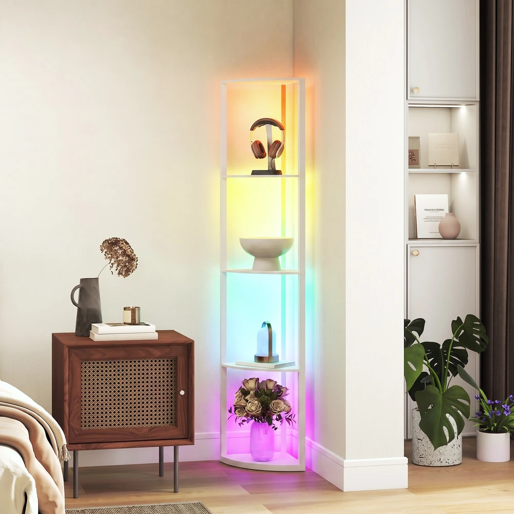 Pastatomas šviestuvas su RGB LED apšvietimu ir 5 lentynomis, baltas, 42 × 29,5 × 163 cm