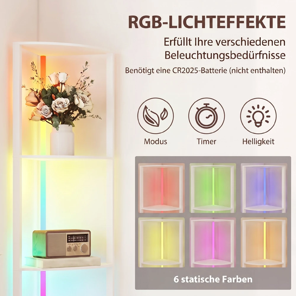 Pastatomas šviestuvas su RGB LED apšvietimu ir 5 lentynomis, baltas, 42 × 29,5 × 163 cm