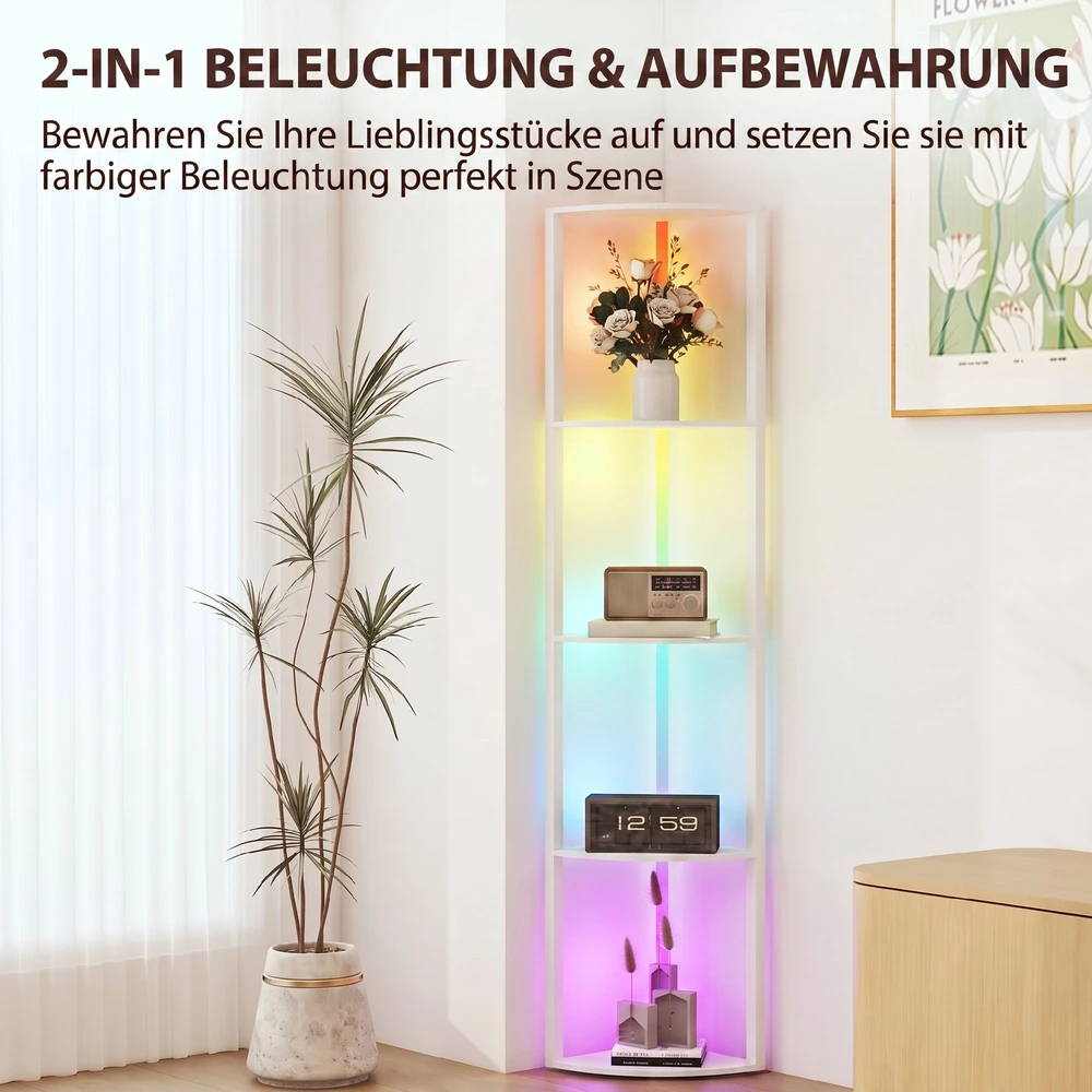 Pastatomas šviestuvas su RGB LED apšvietimu ir 5 lentynomis, baltas, 42 × 29,5 × 163 cm