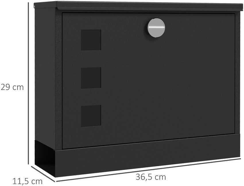 HOMCOM pašto dėžutė, juoda, su laikraščių skyriumi, metalinė, su langeliu, 2 raktai, atspari vandeniui, 36,5x11,5x29 cm