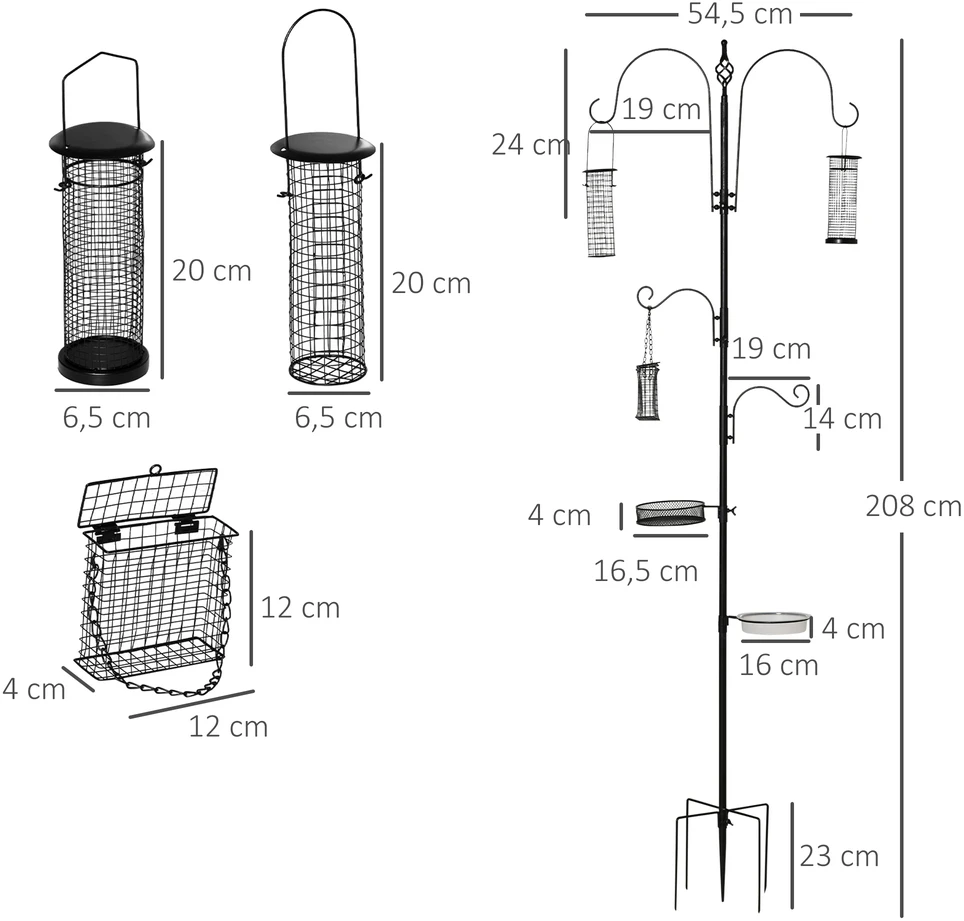 PawHut paukščių lesyklos stovas, vandens girdykla, lesyklėlė, pilnas paukščių lesyklos stulpas su 4 kabliukais, plieno, juodas, aukštis 208 cm