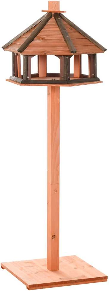 PawHut paukščių namelis, lesykla, medinė paukščių vila, lesykla su stovu, stalo lesykla su vandeniui atspariu stogeliu, natūralios spalvos, Ø52 x 130 cm