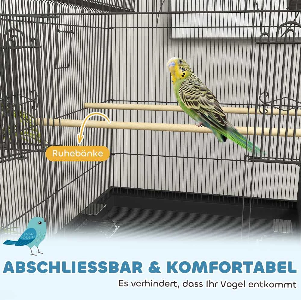 PawHut didelis paukščių narvas, narvelis banguotosioms papūgėlėms su padėklu, lentyna, šėrykla, paukščių namelis su ratukais kanarėlėms, plieno, 63 x 53 x 144 cm, juodas