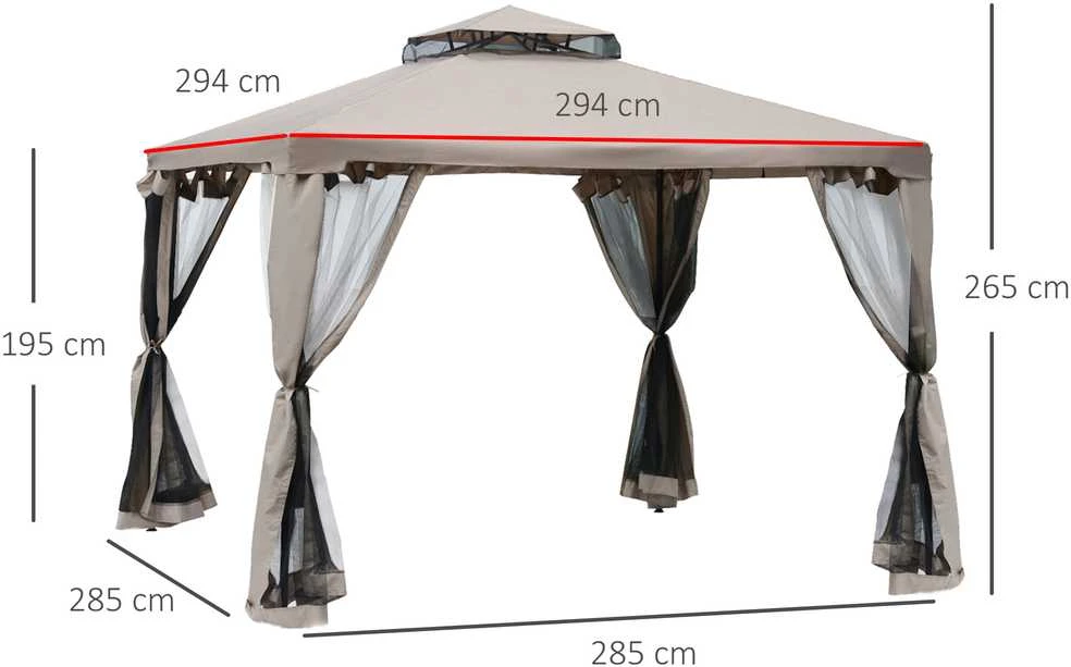 Outsunny sodo pavėsinė 3x3x2,6 m, sodo palapinė su 4 šoninėmis sienelėmis, atspari oro sąlygoms, metalas, poliesteris, pilka