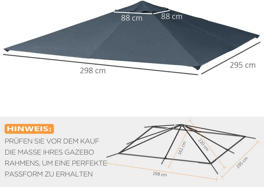 Outsunny paviljono stogas 3x3m, atsarginis stogas paviljonui, paviljono danga, apsauga nuo saulės, poliesteris, tamsiai pilkas