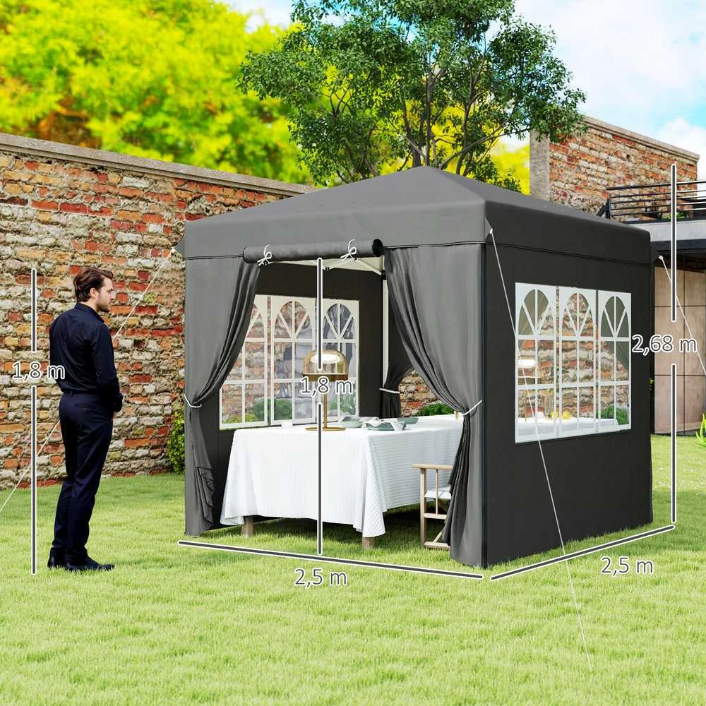 Outsunny sulankstoma pavėsinė 2,5x2,5 m, vandeniui atspari, stabili, tinkama žiemai, pop-up tipo, su 50+ UV apsauga, vakarėlių palapinė su 4 šoninėmis sienelėmis ir krepšiu, tamsiai pilka