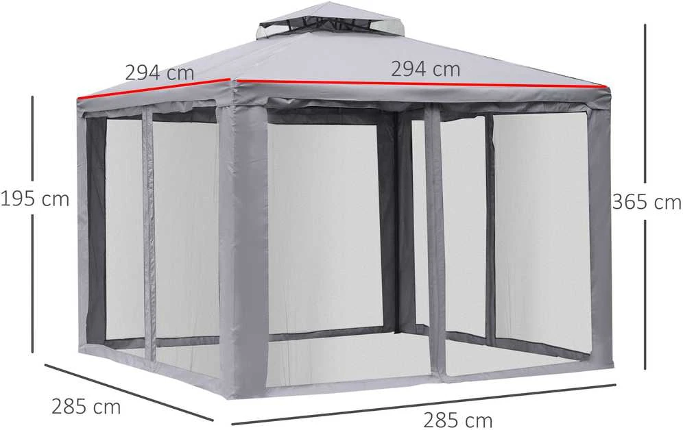 Outsunny sodo pavėsinė, sodo palapinė, vakarėlių palapinė su 4 šoninėmis sienelėmis, atspari oro sąlygoms, metalas, poliesteris, šviesiai pilka, 3 x 3 x 2,6 m