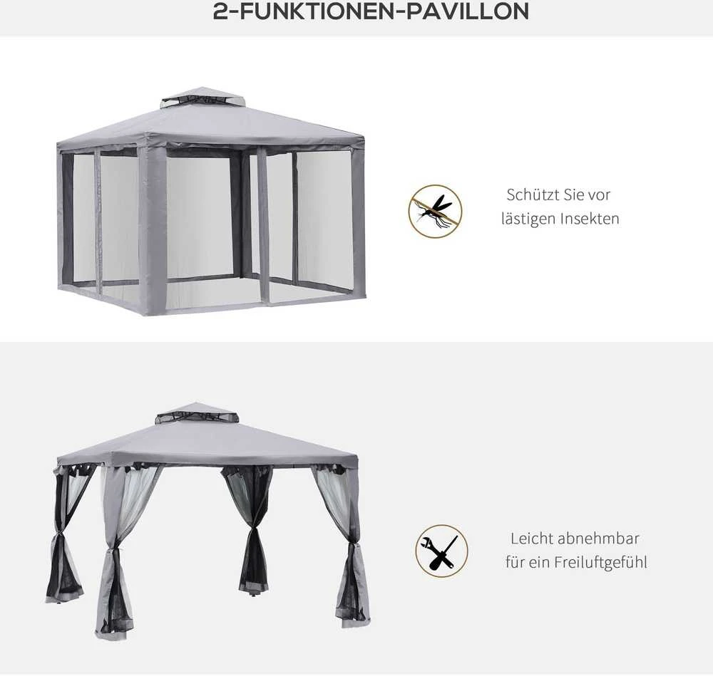 Outsunny sodo pavėsinė, sodo palapinė, vakarėlių palapinė su 4 šoninėmis sienelėmis, atspari oro sąlygoms, metalas, poliesteris, šviesiai pilka, 3 x 3 x 2,6 m