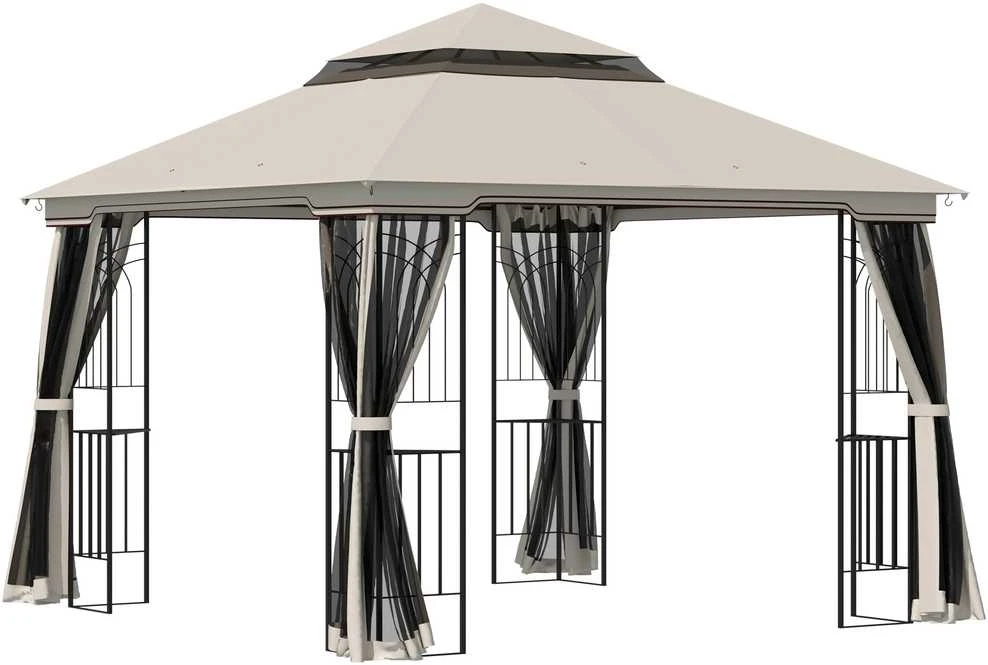 Outsunny sodo pavėsinė su dvigubu stogu, sodo palapinė, šventinė palapinė su 4 šoninėmis sienelėmis, metalas + poliesteris, smėlio spalvos, 2,99 x 2,99 x 2,74 m