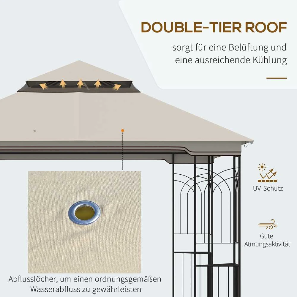 Outsunny sodo pavėsinė su dvigubu stogu, sodo palapinė, šventinė palapinė su 4 šoninėmis sienelėmis, metalas + poliesteris, smėlio spalvos, 2,99 x 2,99 x 2,74 m