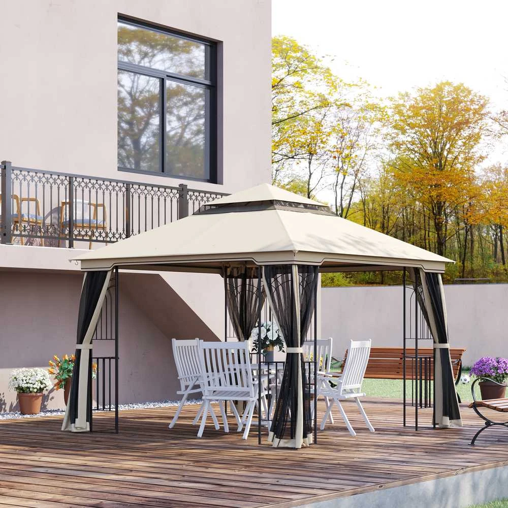 Outsunny sodo pavėsinė su dvigubu stogu, sodo palapinė, šventinė palapinė su 4 šoninėmis sienelėmis, metalas + poliesteris, smėlio spalvos, 2,99 x 2,99 x 2,74 m