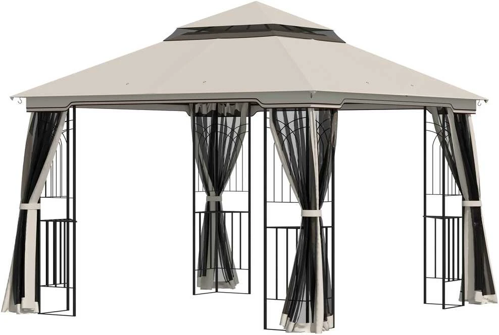 Outsunny sodo pavėsinė su dvigubu stogu, sodo palapinė, šventinė palapinė su 4 šoninėmis sienelėmis, metalas + poliesteris, smėlio spalvos, 2,99 x 2,99 x 2,74 m