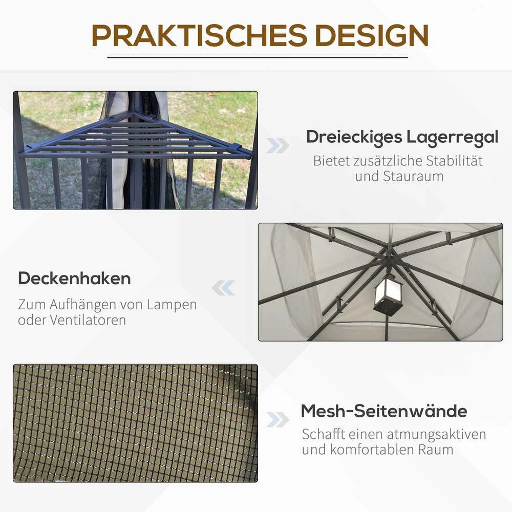 Outsunny sodo pavėsinė su dvigubu stogu, sodo palapinė, šventinė palapinė su 4 šoninėmis sienelėmis, metalas + poliesteris, smėlio spalvos, 2,99 x 2,99 x 2,74 m