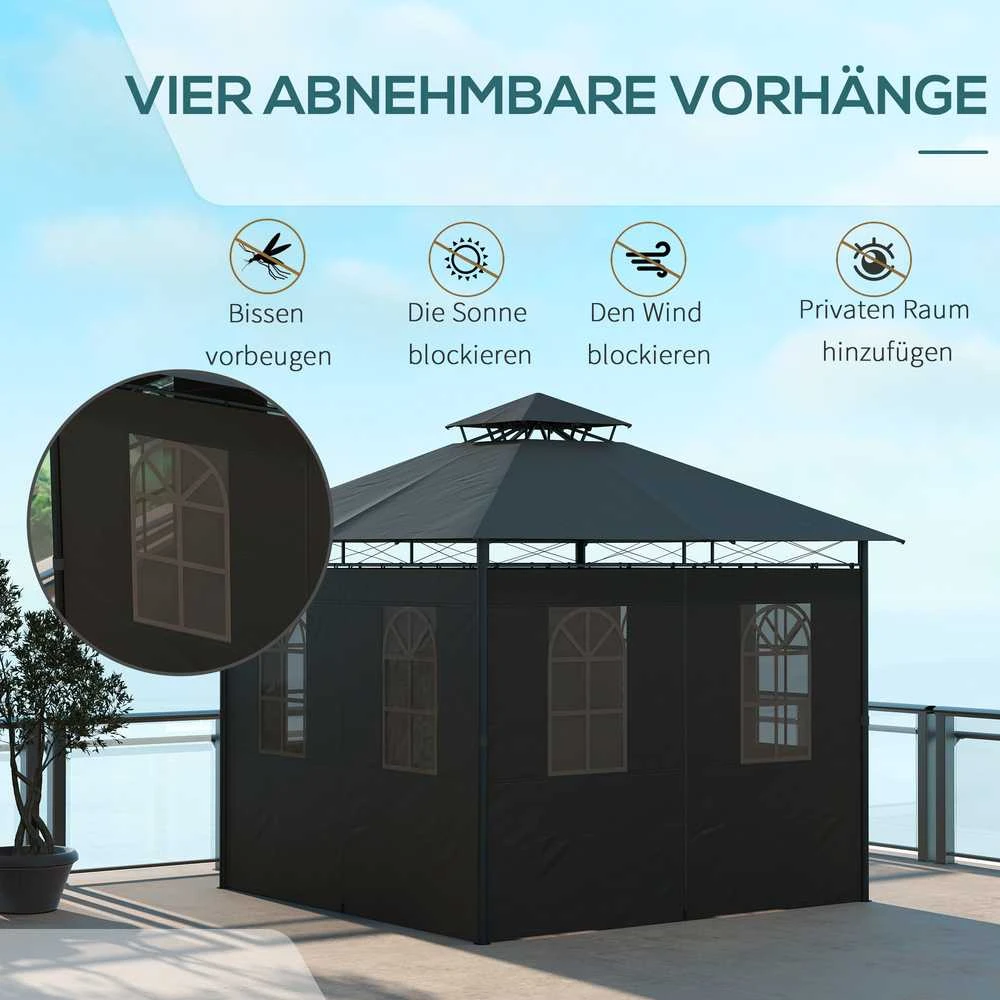 Outsunny paviljonas apie 3 x 3 m, sodo palapinė su šonine sienele, vakarėlių palapinė su dvigubu stogu, atspari oro sąlygoms palapinė, sodo paviljonas, metalinis, tamsiai pilka