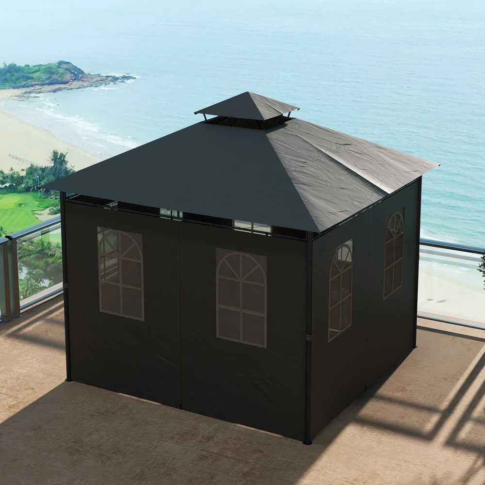 Outsunny paviljonas apie 3 x 3 m, sodo palapinė su šonine sienele, vakarėlių palapinė su dvigubu stogu, atspari oro sąlygoms palapinė, sodo paviljonas, metalinis, tamsiai pilka