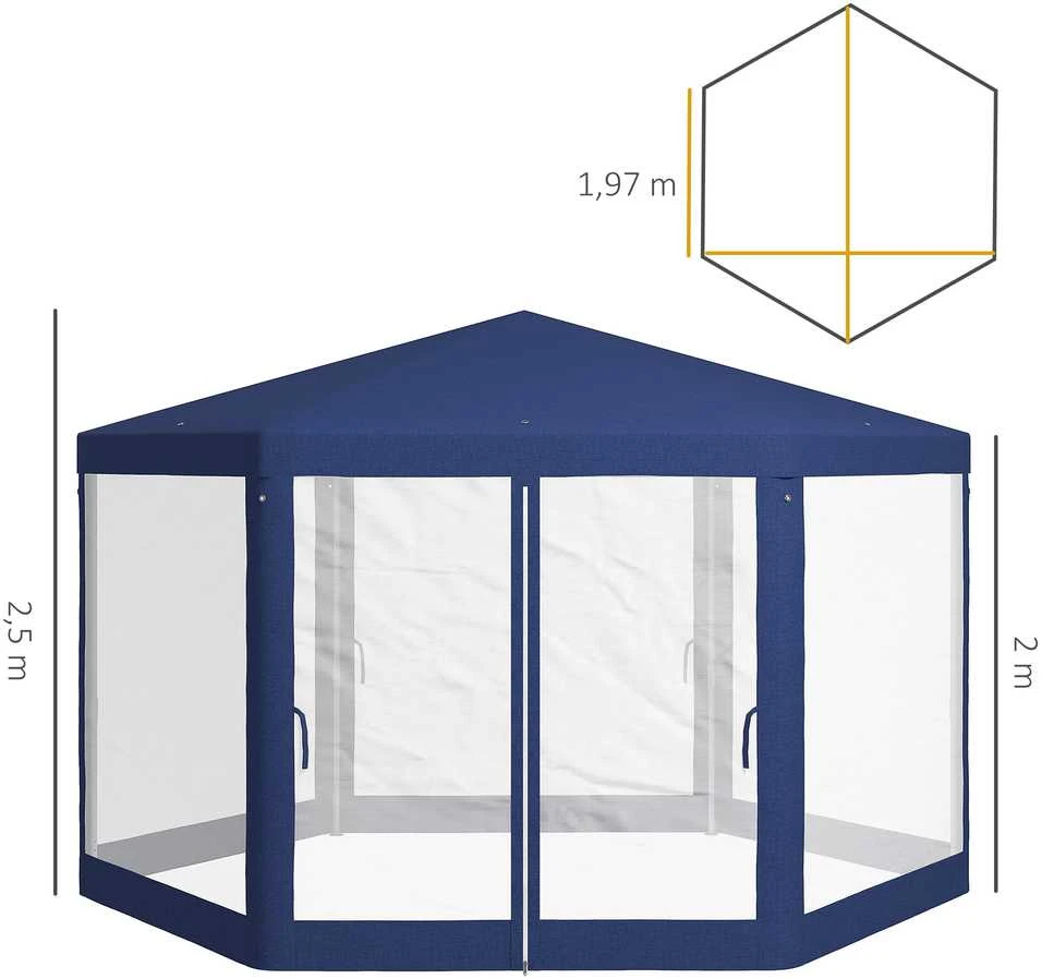 Outsunny pavėsinė 4x3m šešiakampė, atspari vandeniui, stabili, tinkanti žiemai, su tinkleliu nuo uodų, vakarėlių palapinė, sodo palapinė su 6 šoninėmis dalimis, sodo pavėsinė kempingui, sodui, mėlyna
