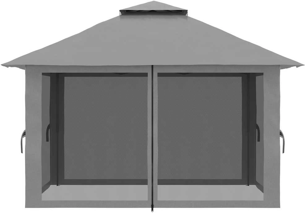 Outsunny sulankstomas paviljonas 4x4m, „pop-up“ sodo palapinė su apsauga nuo UV spindulių ir tinklelio sienelėmis, dvigubu stogu, tamsiai pilka