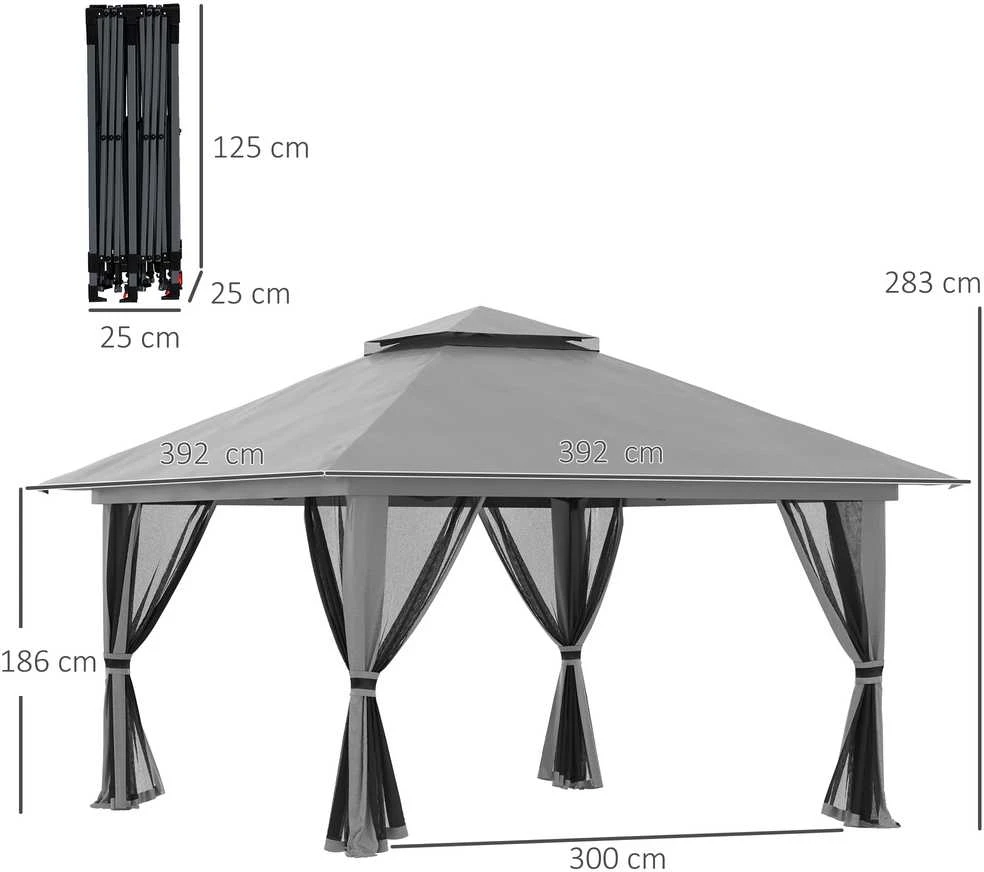 Outsunny sulankstomas paviljonas 4x4m, „pop-up“ sodo palapinė su apsauga nuo UV spindulių ir tinklelio sienelėmis, dvigubu stogu, tamsiai pilka
