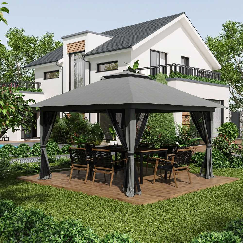 Outsunny sulankstomas paviljonas 4x4m, „pop-up“ sodo palapinė su apsauga nuo UV spindulių ir tinklelio sienelėmis, dvigubu stogu, tamsiai pilka