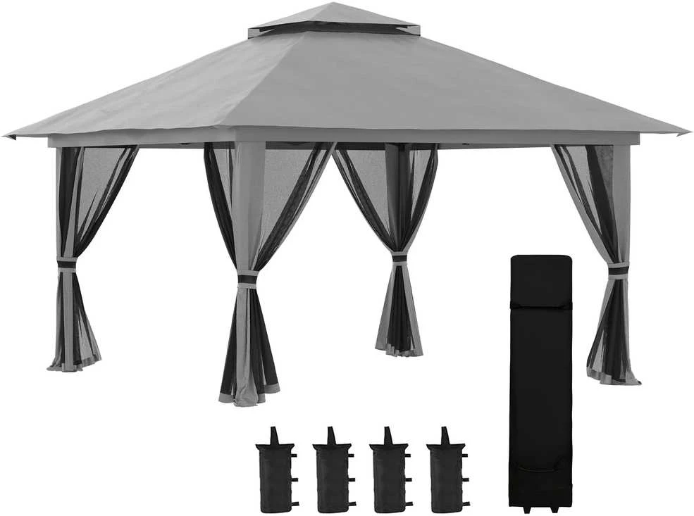 Outsunny sulankstomas paviljonas 4x4m, „pop-up“ sodo palapinė su apsauga nuo UV spindulių ir tinklelio sienelėmis, dvigubu stogu, tamsiai pilka