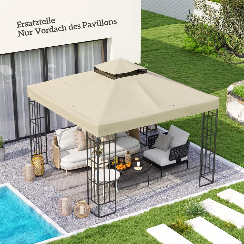 „Outsunny“ atsarginis stogas paviljono 3 x 3 m, vandeniui atsparus paviljono stogas, dvigubo stogo atsarginis uždangalas sodo paviljonui, „Oxford“ audinio atsarginės dalys, 370 g/m², kreminės baltos spalvos