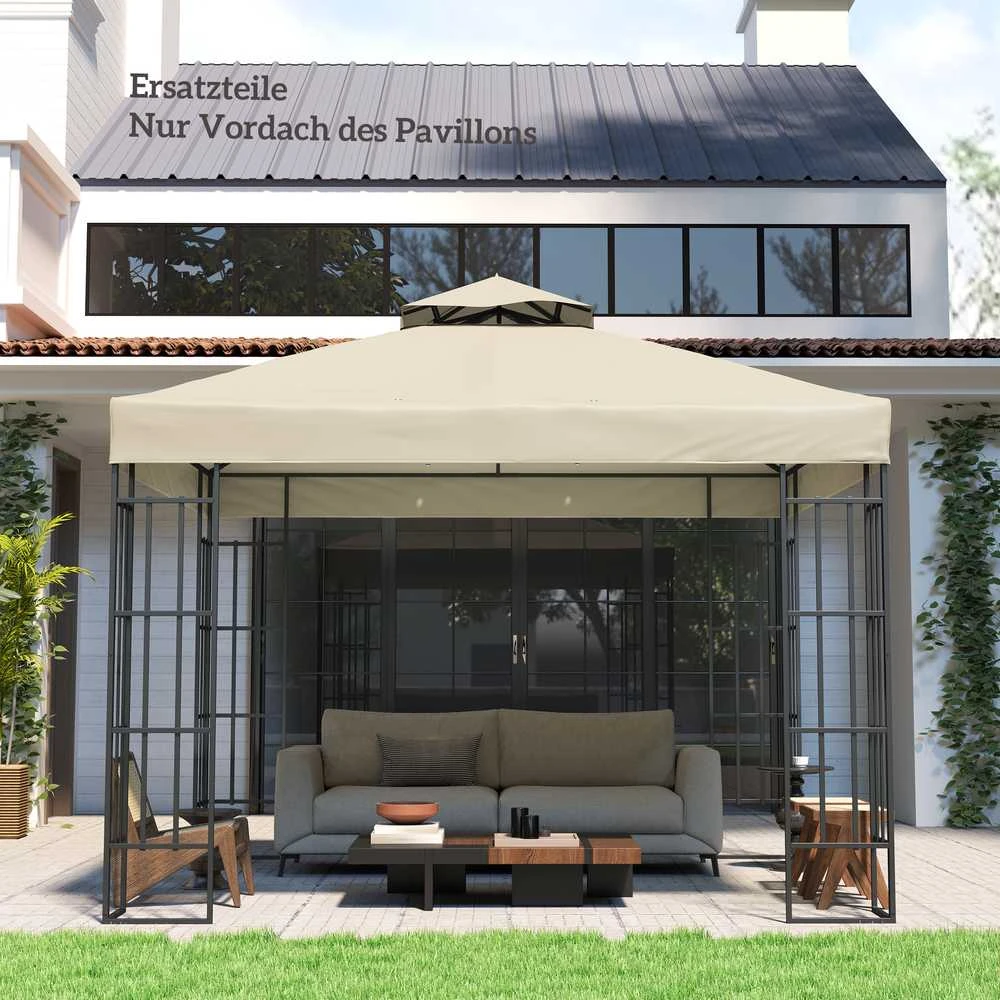 „Outsunny“ atsarginis stogas paviljono 3 x 3 m, vandeniui atsparus paviljono stogas, dvigubo stogo atsarginis uždangalas sodo paviljonui, „Oxford“ audinio atsarginės dalys, 370 g/m², kreminės baltos spalvos