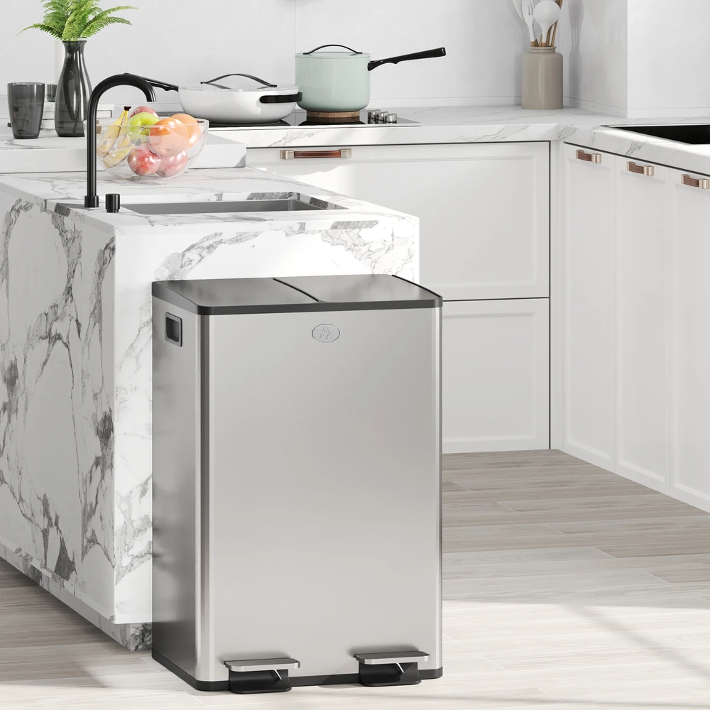 Pedalinė šiukšliadėžė su dviem skyriais ir „Soft-Close“ dangčiais, sidabrinė, 45,8 × 36 × 67,6 cm, 2 × 28 l