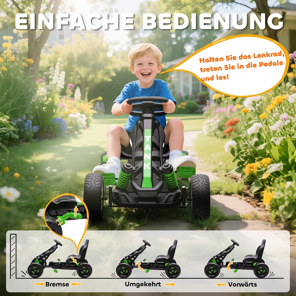 Pedalinis kartingas su laisvos eigos sistema ir stabdžiu, žalias, 100 × 59 × 60,5 cm