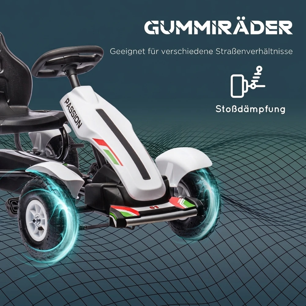 Pedalinis kartingas su rankiniu stabdžiu ir reguliuojama sėdyne, baltas, 121 × 58 × 61 cm