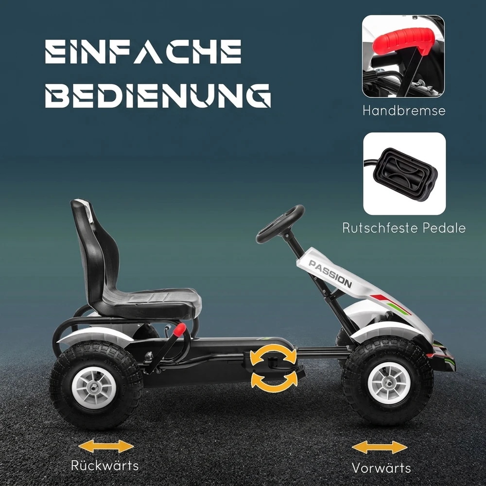 Pedalinis kartingas su rankiniu stabdžiu ir reguliuojama sėdyne, baltas, 121 × 58 × 61 cm