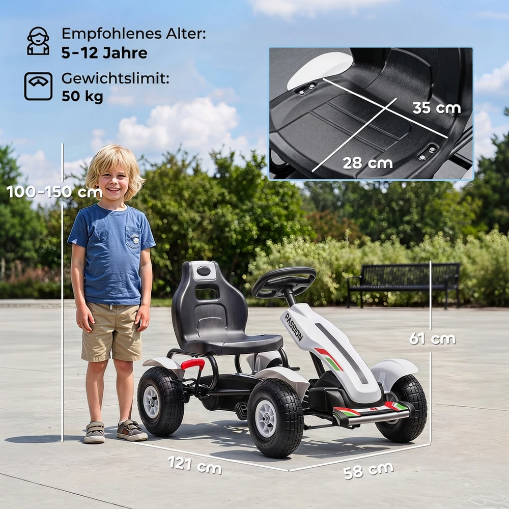 Pedalinis kartingas su rankiniu stabdžiu ir reguliuojama sėdyne, baltas, 121 × 58 × 61 cm