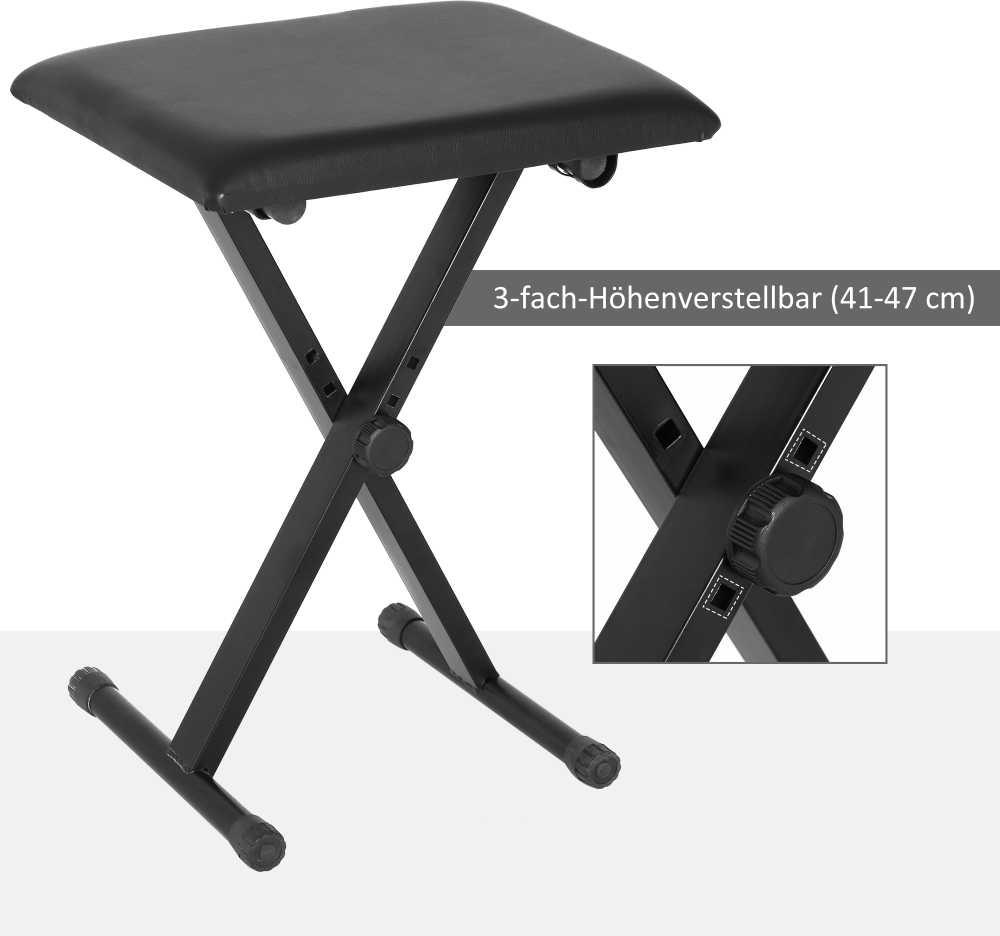 HOMCOM pianino kėdė, pianino suoliukas, reguliuojamo aukščio, sulankstomas, metalas, dirbtinė oda, porolonas, juoda, 39 x 29 x 37-47 cm
