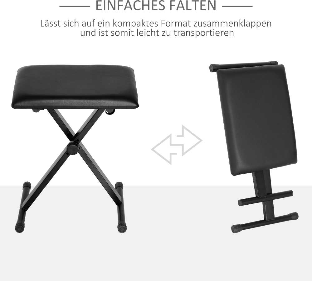 HOMCOM pianino kėdė, pianino suoliukas, reguliuojamo aukščio, sulankstomas, metalas, dirbtinė oda, porolonas, juoda, 39 x 29 x 37-47 cm