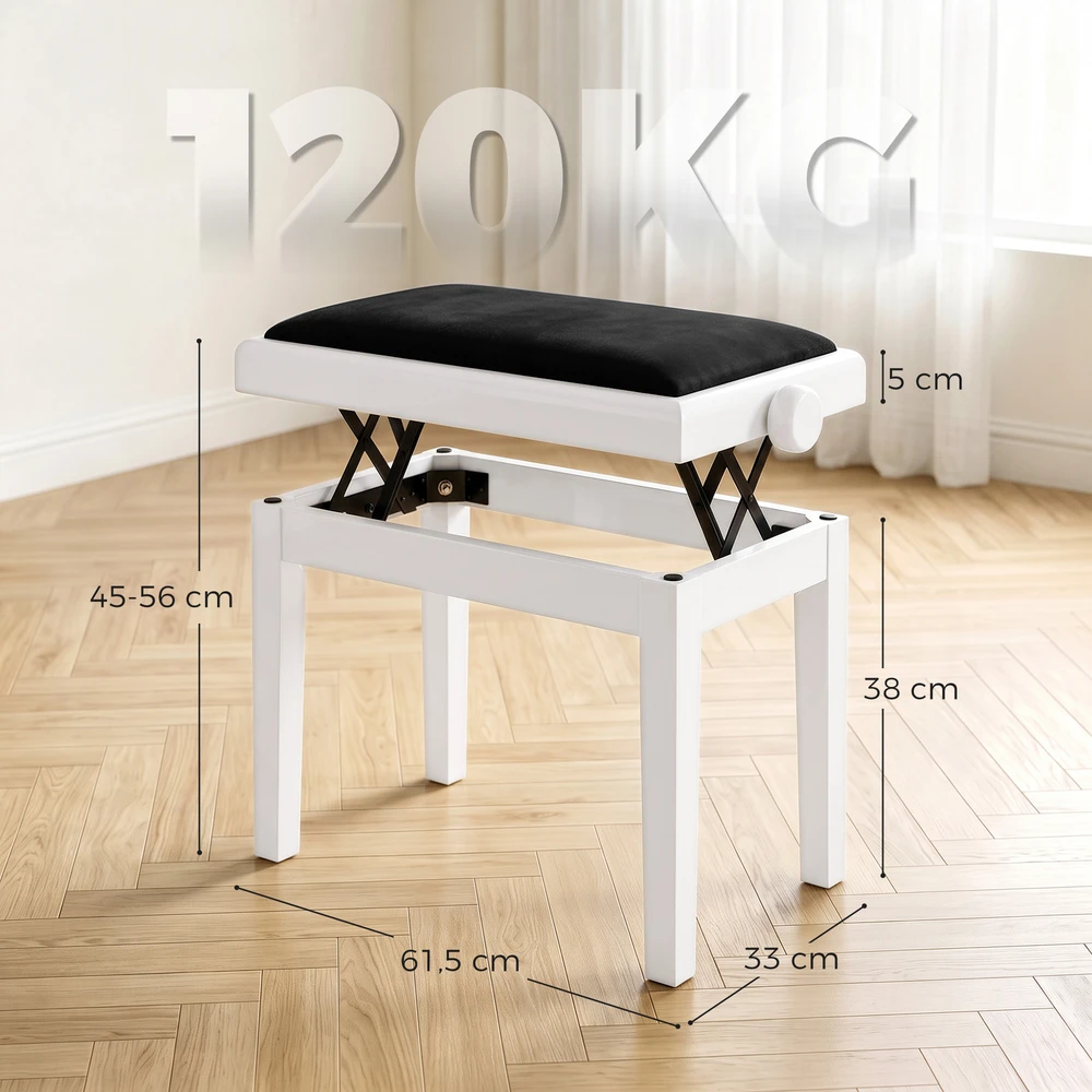 Pianino suoliukas, reguliuojamo aukščio, paminkštintas, juodos ir baltos spalvos, 61,5 × 33 × 45–56 cm