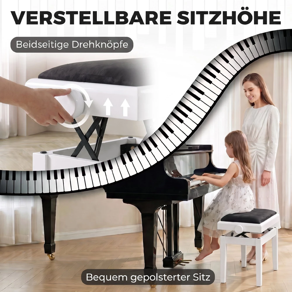 Pianino suoliukas, reguliuojamo aukščio, paminkštintas, juodos ir baltos spalvos, 61,5 × 33 × 45–56 cm
